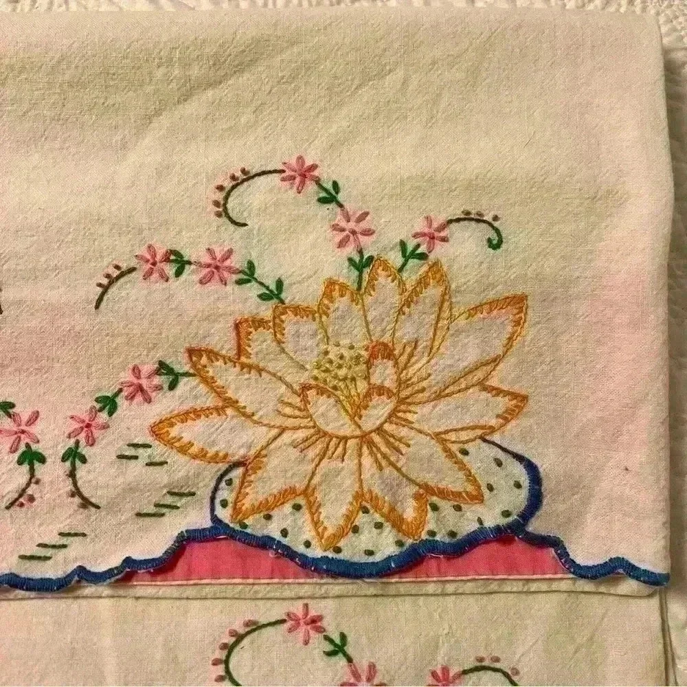 Set of 2 vintage handmade embroidered flour sack pillowcases lotus flower